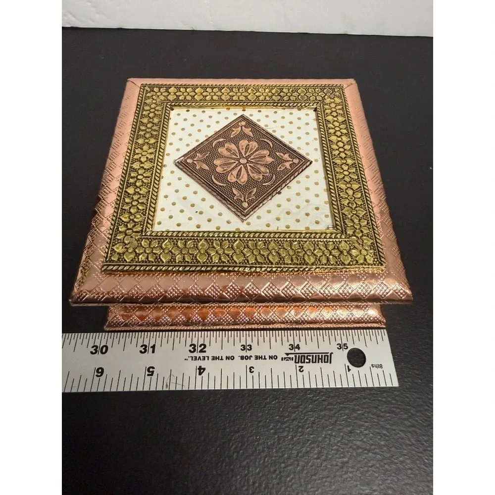 Ornate Square Metal Jewelry Box 4 Compartment Copper Gold Floral Medallion 6x6in